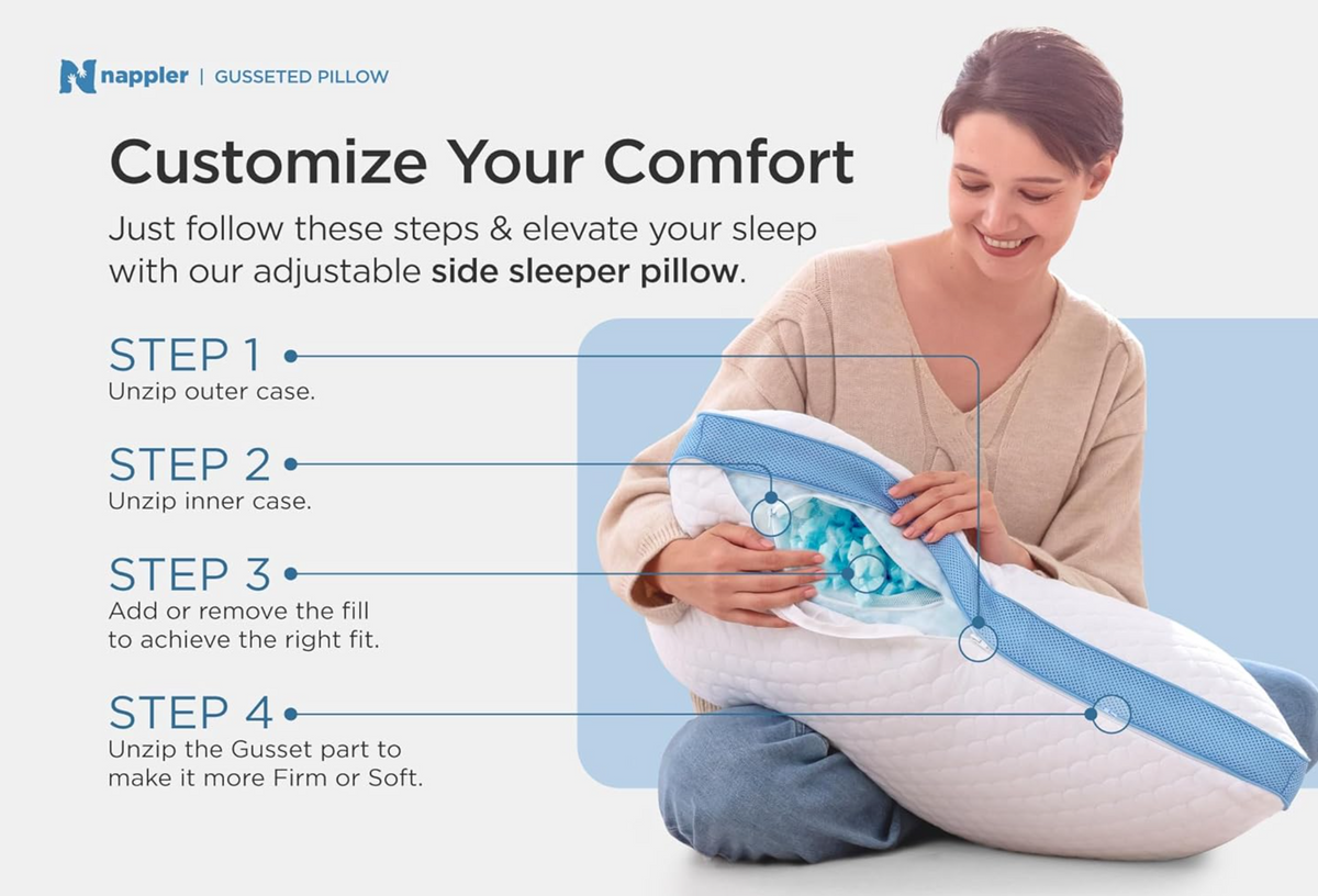 Side and Back Sleeper Pillow for Neck and Shoulder Pain Relief - Shredded Memory Foam Bed Pillow for Sleeping - 100% Adjustable Fill - Queen Size - Modal Washable Case. Extra Fill Included
