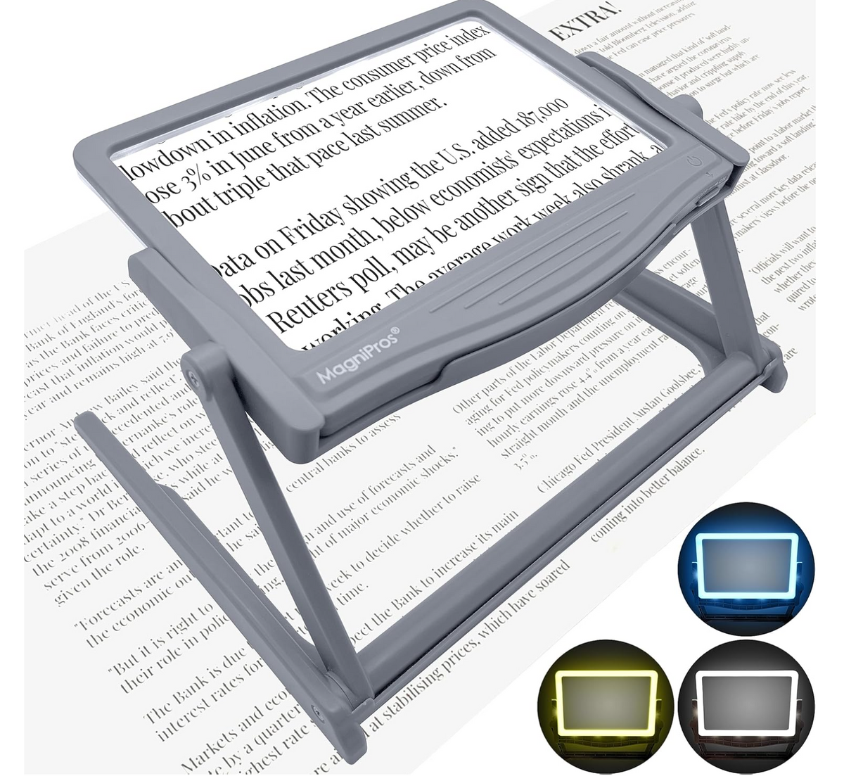 MAGNIPROS Patented 5X Large LED Page Magnifier with Detachable Stand | Eye Caring 3 Color Light Modes & Anti-Glare Lens to Reduce Eye Strain-Ideal for Reading Fine Print, Crafting, Low Vision Seniors