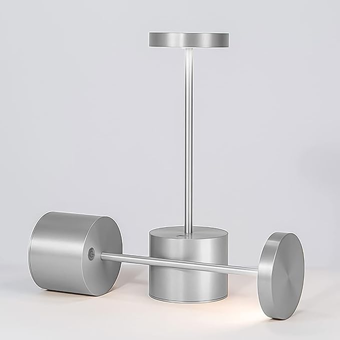 CYOIDAI LED Table Lamp, 2 Pack Rechargeable Battery with Cordless Desk Lamps 3 Lighting Modes Dimmable Light 5000 mAh, for Restaurant, Terrace, Outdoor (Silver)
