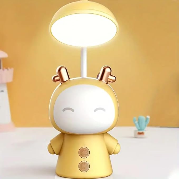 Cute Cartoon Kids Desk Lamp with Night Light - 360° Goose Neck LED Flexible Reading Light for Bedroom - Children Bedside Study Table Lamp (Yellow Fawn)