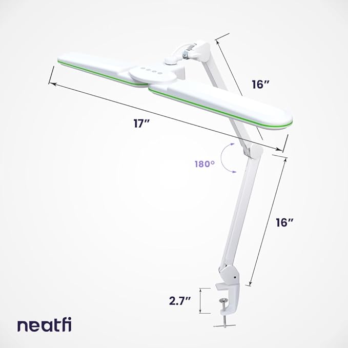 Neatfi Elite HD XL Task Lamp, 3 Light Modes, 90PCS SMD LED, Super Bright Desk Lamp, Eye-Caring LED Lamp, Non-Polar Dimming, Adjustable Brightness Levels (CCT with Clamp, Green Ring, 17 Inches)