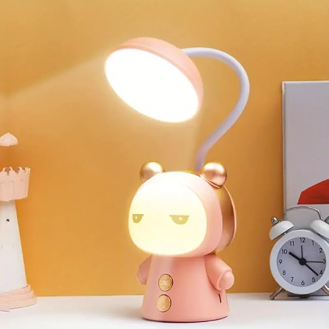 Cute Cartoon Kids Desk Lamp with Night Light - 360° Goose Neck LED Flexible Reading Light for Bedroom - Children Bedside Study Table Lamp (Pink Bear)