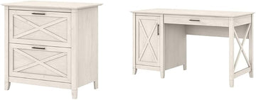 Bush Furniture Key West 2 Lateral File Cabinet | Document Storage for Home Office | Accent Chest with Drawers, Casual, Linen White Oak & Key West Computer Desk with Storage | Small