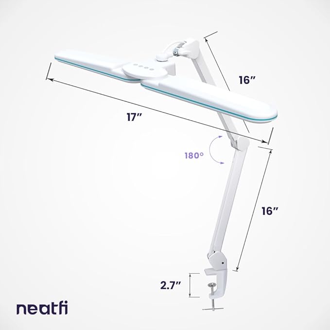 Neatfi Elite HD XL Task Lamp, 3 Light Modes, 90PCS SMD LED, Super Bright Desk Lamp, Eye-Caring LED Lamp, Non-Polar Dimming, Adjustable Brightness Levels (CCT with Clamp, Blue Ring, 17 Inches)