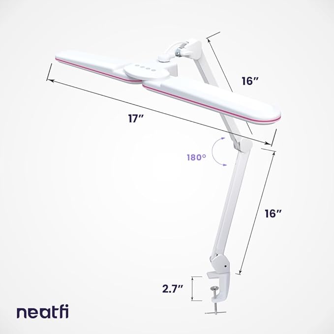 Neatfi Elite HD XL Task Lamp, 3 Light Modes, 90PCS SMD LED, Super Bright Desk Lamp, Eye-Caring LED Lamp, Non-Polar Dimming, Adjustable Brightness Levels (CCT with Clamp, Pink Ring, 17 Inches)