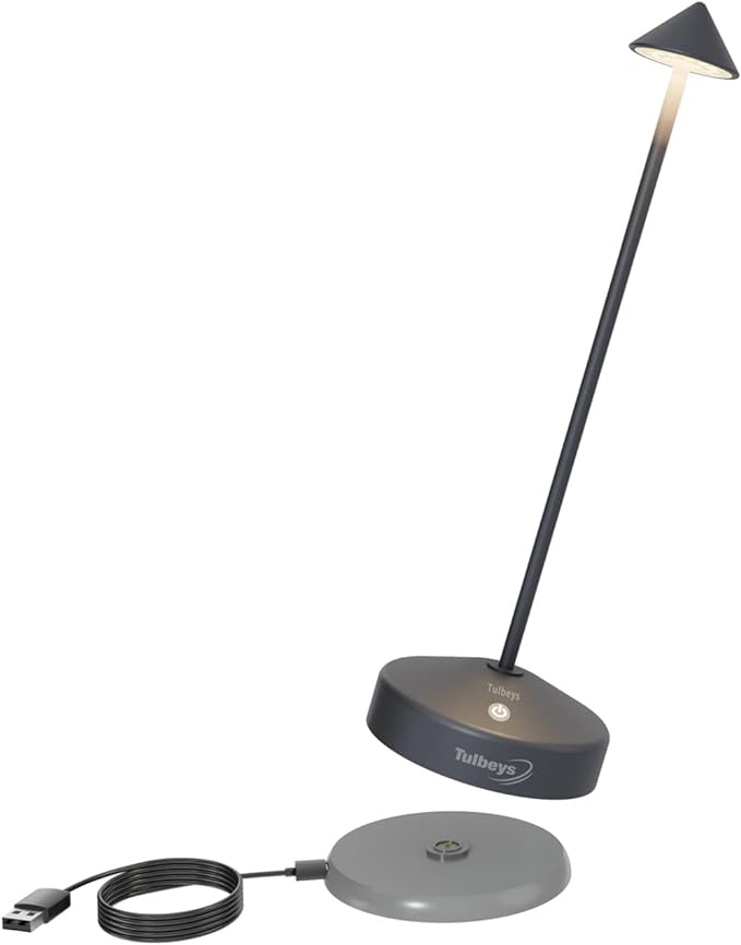 Cordless Table Lamp, Portable LED Desk Lamp 5200mAh Battery Operated, Waterproof Outdoor Lamp with Contact Charging Base, 13.8'' touch lamp for Home/Office/Bars/Coffee Shop Night Light (Grey