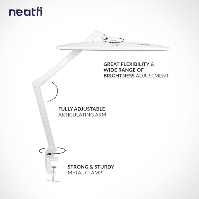 Neatfi Elite HD XL Task Lamp, Super Bright Desk Lamp, Non-polar Dimming (Non-CCT with Clamp, White, 22 Inches)