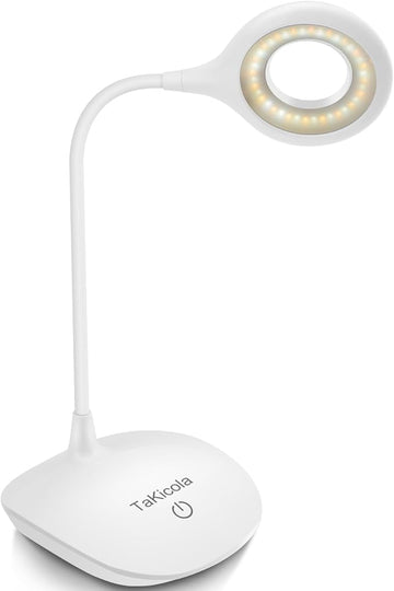 LED Desk Lamp Dimmable Table Light, 3 Modes, Stepless Brightness, Sensitive Control, Flexible 360° Adjustable Eye-Caring Office Read Lamp, Cordless USB Desk Light, White