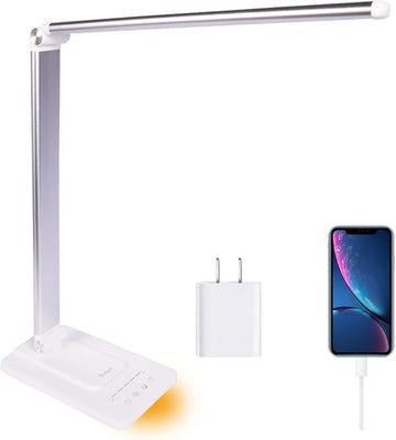 LED Desk Lamp, Stepless Dimmable Eye-Caring Lamps with Night Light USB Charging Port 5 Color Modes and 5 Brightness Levels, 30 min Auto Timer, Adjustable Lamps for Home Office Bedroom, White