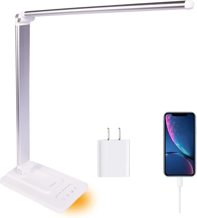 LED Desk Lamp, Stepless Dimmable Eye-Caring Lamps with Night Light USB Charging Port 5 Color Modes and 5 Brightness Levels, 30 min Auto Timer, Adjustable Lamps for Home Office Bedroom, White