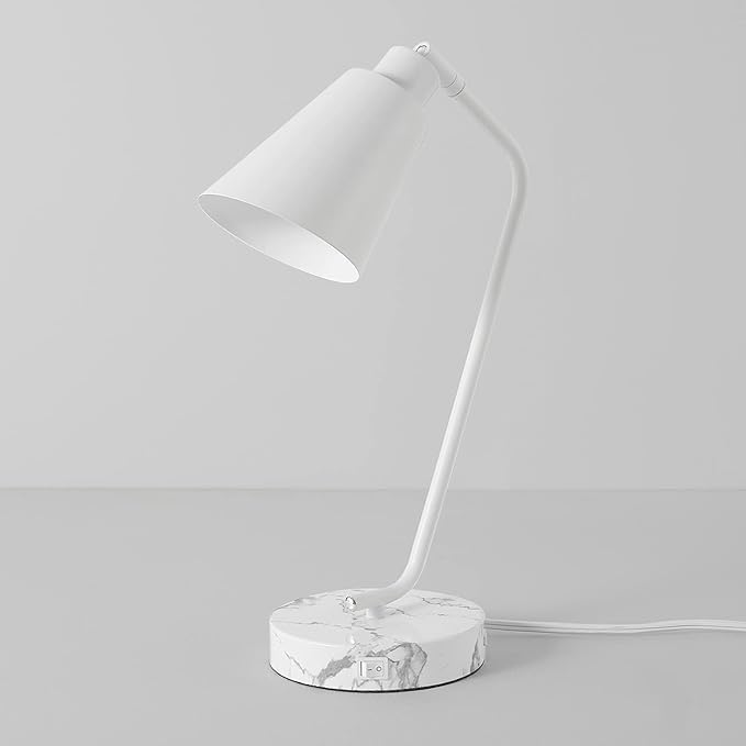 Globe Electric 52295 Belmont 17" Desk Lamp, Matte White, White Faux Marble Base, 2.1A USB Port, On Off Rocker Switch at Base