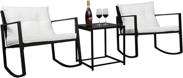 Outvita 3-Piece Rocking Bistro Set, Outdoor Wicker Patio Furniture Set with Glass Coffee Table Perfect for Outdoor Porch, Balcony and Garden (White)
