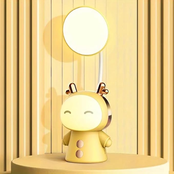 Cute Cartoon Kids Desk Lamp with Night Light - 360° Goose Neck LED Flexible Reading Light for Bedroom - Children Bedside Study Table Lamp (Yellow Fawn)