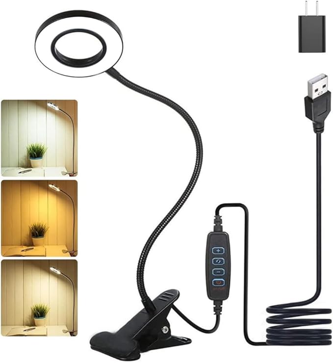 Desk Lamp with Clamp, Clip on Light, 48 LED USB Lamp with 3 Color Modes 10 Brightness Levels, 360° Flexible Gooseneck Eye Protection, Ring Light Bed Night Light for Reading With Adapter
