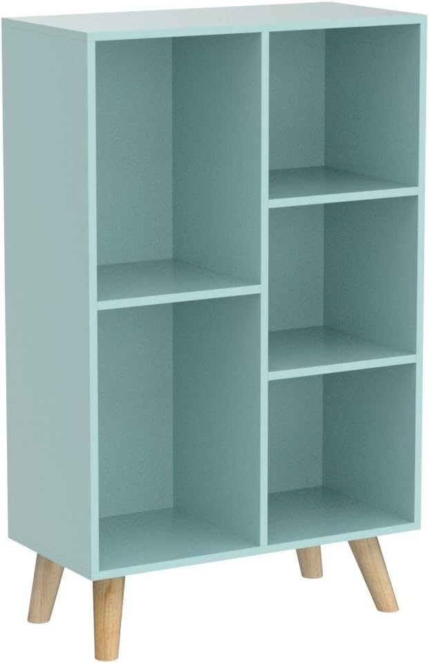IOTXY Wooden Open Shelf Bookcase - 3-Tier Floorstanding Display Cabinet Rack with Legs, 5 Cubes Free Standing Bookshelf, Tiffany-Green