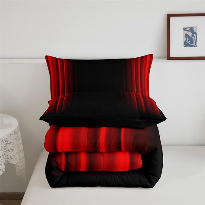 Abstract Ombre Comforter Set Kids Teens Red and Black Bedding Set Room Decor 3Pcs Full Size