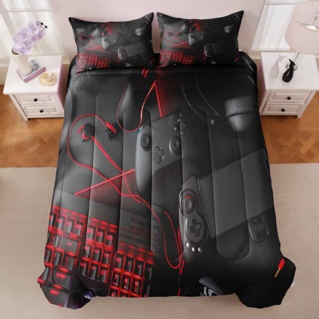 Gaming Comforter for Boys Teens,Game Bedding Sets Twin,Kids Gamer Comforter Set,Video Game Bedroom Decor,Gamepad Controller Duvet Insert All Season 3 Piece 1 Comforter and 2 Pillowcases