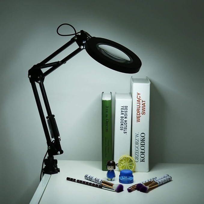 LED Magnifying Lamp with Clamp, 5X Magnifier Glass Light Lens, USB Dimmable Desk lamp for Table Craft or Workbench