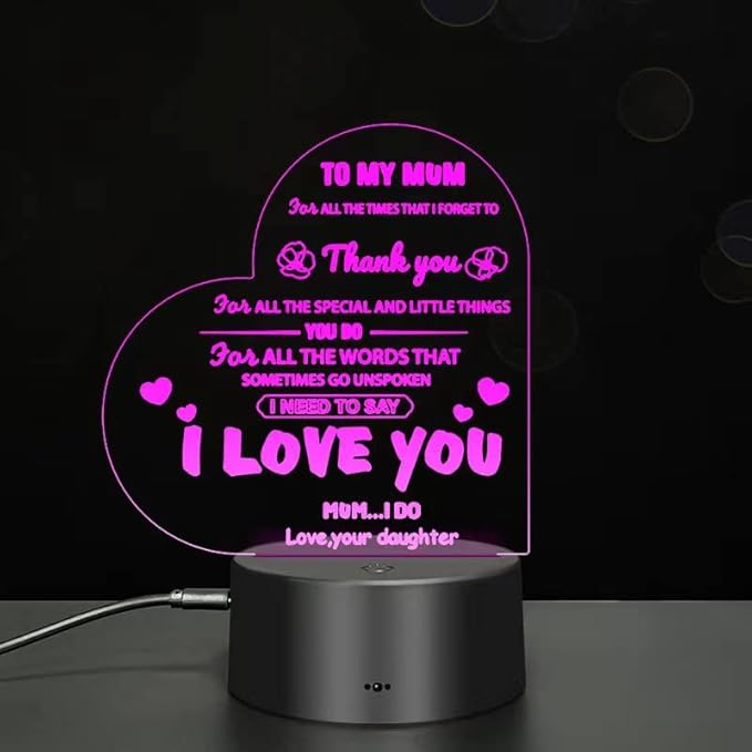 to My Mom I Love You 3D Light Birthday Gift, 7-Color USB Charging Bedside Decoration, I Love You Mother's Day Gift, New Love Heart Birthday Gifts for Mother