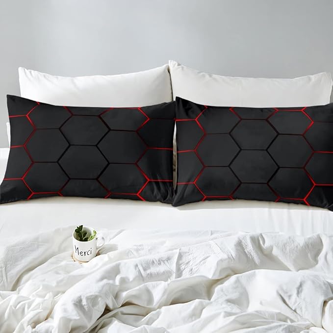 Honeycomb Bedding Set Honeycomb Modern Geometry Hexagon Theme Comforter Set for Kids Boys Children Geometrical Comforter Ultra Soft Beehive Black Red Decor Duvet Set King Size
