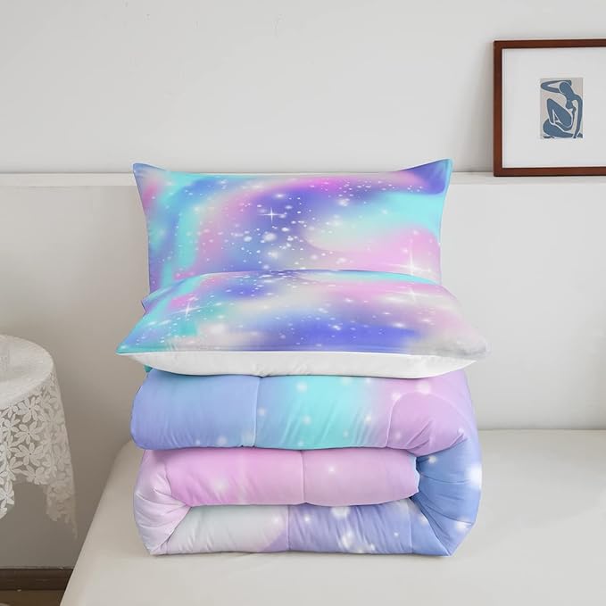 Erosebridal Ombre Comforter Rainbow Comforter Set Full Tie Dye Galaxy Duvet Set Nebula Bedding Starry Sky Quilt Set Pastel Stars Glitter Bedding Set Purple Blue Bedroom Decorative Down Comforter