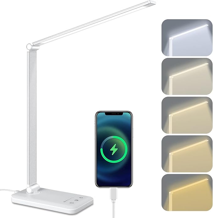 Linkstyle LED Desk Lamp, Table Light with USB Charging Port, Foldable Dimmable 5 Modes 10 Brightness Levels Touch Control Desk Light Auto Timer Eye Caring Book Reading Lamps for Home Office