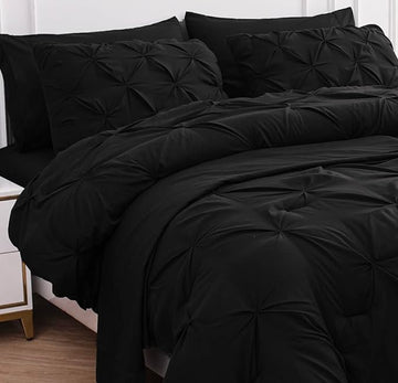 LANE LINEN King Size Comforter Set with Sheets, Complete 7 Piece King Comforter Set, Pintuck King Size Bedding Set, Soft King Size Bed in a Bag Set, Premium King Bed Set, Pillowcases & Shams - Black