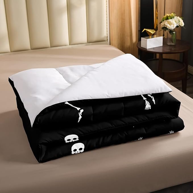 Erosebridal Sugar Skull Comforter Set Twin Size Skeleton Bones Bedding Set for Kids Boys Girls Teens Adult Halloween Horror Theme Down Comforter Gothic Spooky Duvet Sets with 1 Pillow Case