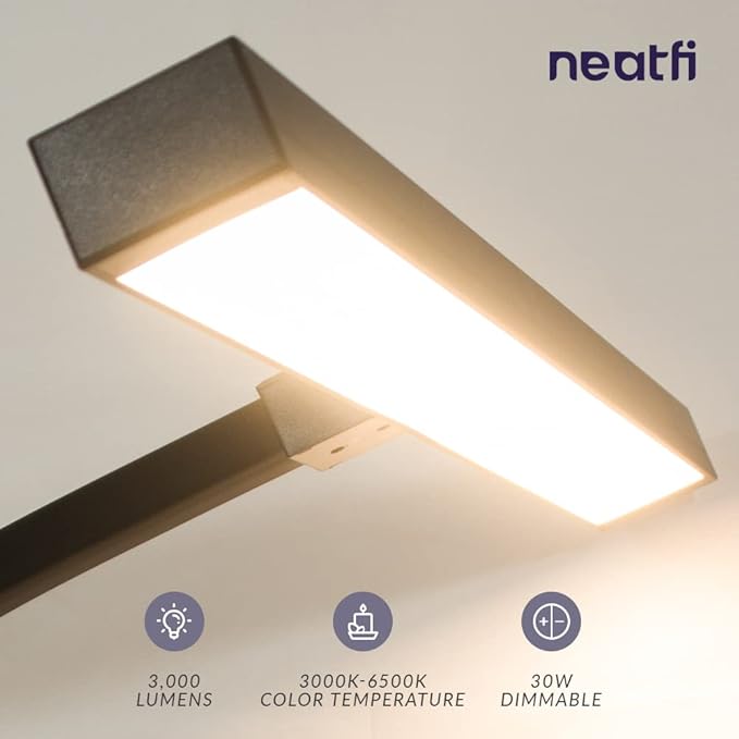 Neatfi (New Model) Flex Desk Lamp with Clamp, Dimmable, 3,000 Lumens 30W LED Monitor Light, 3000K-6500K Correlated Color Temperature, 5 Brightness Levels & 5 Light Modes (28 Inches, Black)