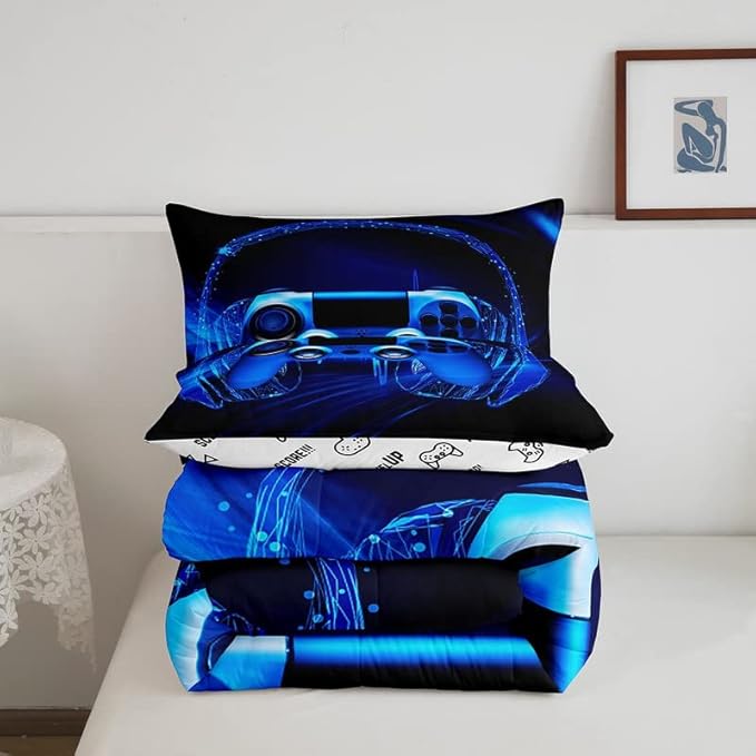 Feelyou Gamer Bedding Set Kids Video Game Gamepad Comforter Set for Boys Teens Gaming Headset Comforter Blue Game Controller Duvet Set Room Decor Quilt King Size Boys