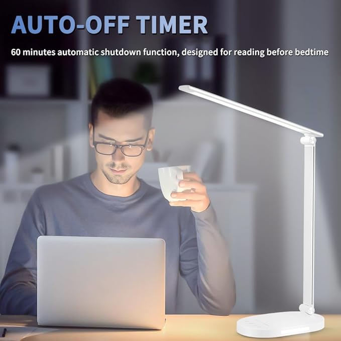 LED Desk Lamp for Home Office, Dimmable Table Lamp with USB Charging Port, 5 Lighting Modes, Sensitive Control, 60 Minutes Auto-Off Timer, Eye-Caring Office Lamp(White)