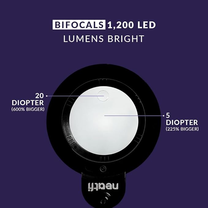 Neatfi XL Bifocals 1,200 Lumens Super LED Magnifying Lamp with Clamp, 3 Light Modes, Correlated Color Temperature Control (3000K-4500K-6000K), 12W, 120 Pcs SMD LED (Black, 6 Inch Lens)