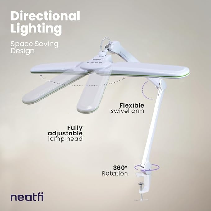 Neatfi Elite HD XL Task Lamp, 3 Light Modes, 90PCS SMD LED, Super Bright Desk Lamp, Eye-Caring LED Lamp, Non-Polar Dimming, Adjustable Brightness Levels (CCT with Clamp, Green Ring, 17 Inches)