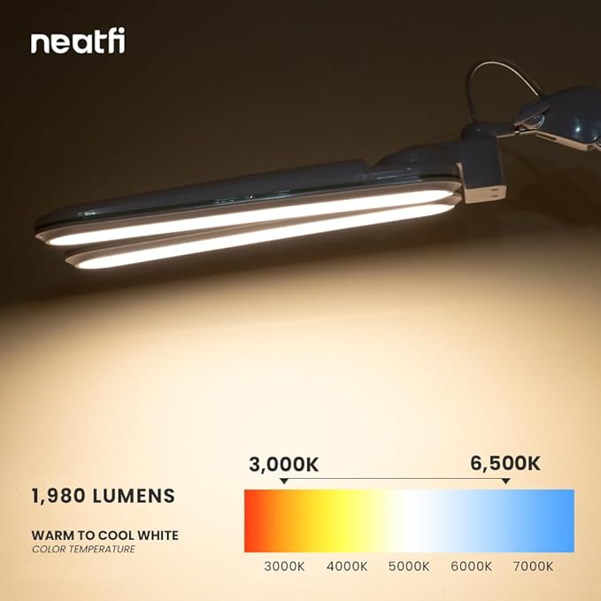 Neatfi Elite HD XL Task Lamp, 3 Light Modes, 90PCS SMD LED, Super Bright Desk Lamp, Eye-Caring LED Lamp, Non-Polar Dimming, Adjustable Brightness Levels (CCT with Clamp, Blue Ring, 17 Inches)