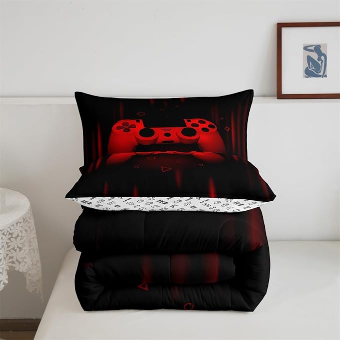 Feelyou Boys Gamer Comforter Set Full Size Gaming Bedding Set Kids Video Games Comforter for Teen Child Gamer Room Decor Super Soft Red Black Bed Set Microfiber Game Geometric Duvet Quilted Gamer Gift