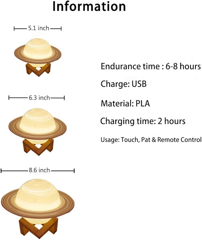 Saturn Lamp LED 3D PrintDecor Lamp Galaxy Planet Lampwith Stand/Remote Control/Touch/USB Rechargeable (8.6 inch 3 Colors),Valentines Day Gifts,Birthday Gifts
