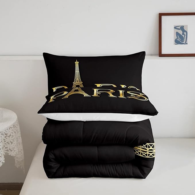 Erosebridal Eiffel Tower Comforter Set, City Building of Paris Bedding Set King Size, Gold Black Duvet Sets for Kids Boys Girls Teens Bedroom, Soft Microfiber Bedding Comforters with 2 Pillow Cases