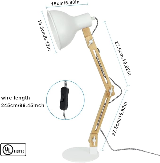DINGLILIGHTING DLLT Swing Arm Desk Lamp, Wood Adjustable Gooseneck Table Lamp, Modern Architect Desk Light, Reading Light for Work, Study, Bedroom, Home Office, White Metal Shade, E26 Bulb Included