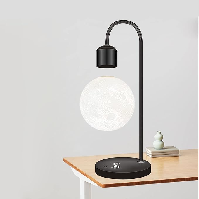 Unique Modern Levitating Moon Lamp with Built-in Qi Wireless Charger, Simplistic and Innovative Design, Warm Decorative LED Light for Home and Office (Black)