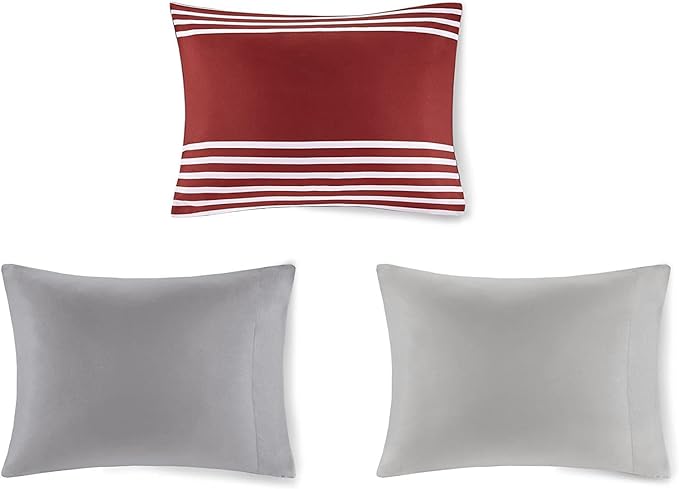 Comfort Spaces Comforter Sets with Sheets - Bed in a Bag 9 Pieces Teen Bedding Sets , Red and Grey Stripes Bedding Full, College Full Bed Set with 2 Side Pockets Bedroom Organizer
