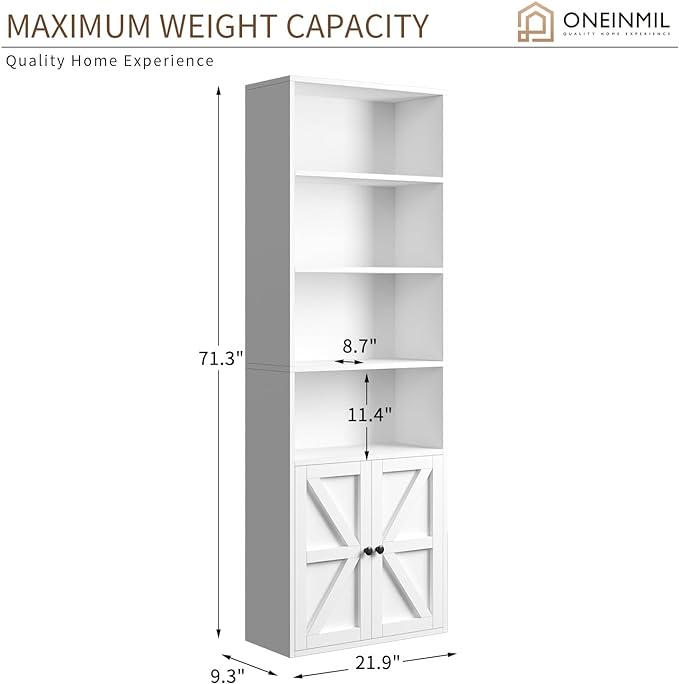 oneinmil 6 Tier Bookshelf and Bookcase, Wooden Bookshelves with Cabinet Doors, Floor Bookshelves and Office Storage Cabinets for Home Office, Living Room,White