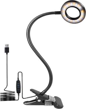 Clip on Desk Lamp, 48 LED Eye Caring Reading Light with 3 Color Modes 10 Brightness, Dimmer 360°Flexible Gooseneck USB Clamp for Reading, Working, Studying, Makeup, Nail Art (Black)