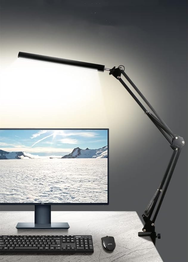 Desk Lamp,12W Eye-Caring Metal Swing Arm Desk Lamp with Clamp, 20 Brightness Dimmable Clamp Desk Light with Memory Function, 360 Degree Spin Architect Table Desk Lamps for Dorms, Studios Reading