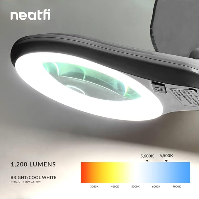 Neatfi (New Model) Bifocals 1,200 Lumens Super LED Magnifying Lamp with Clamp, 5D + 20D, Dimmable, 60 Pcs SMD LED, 5 Inches Diameter Lens, Adjustable Arm Utility Clamp (5 Diopter + 20 Diopter, Silver)