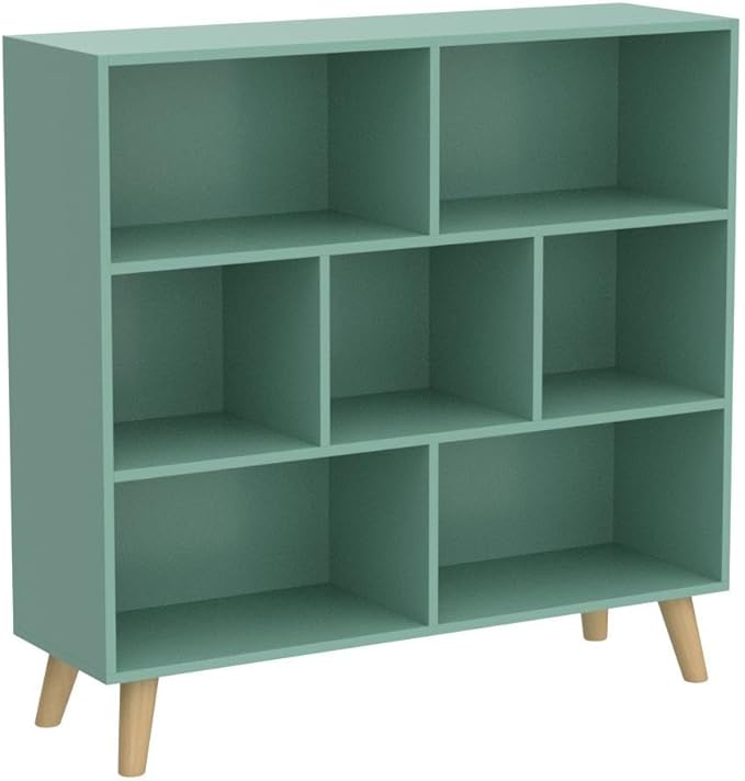 IOTXY Wooden Open Shelf Bookcase - 3-Tier Floor Standing Display Cabinet Rack with Legs, 7 Cubes Bookshelf, Tiffany-Green