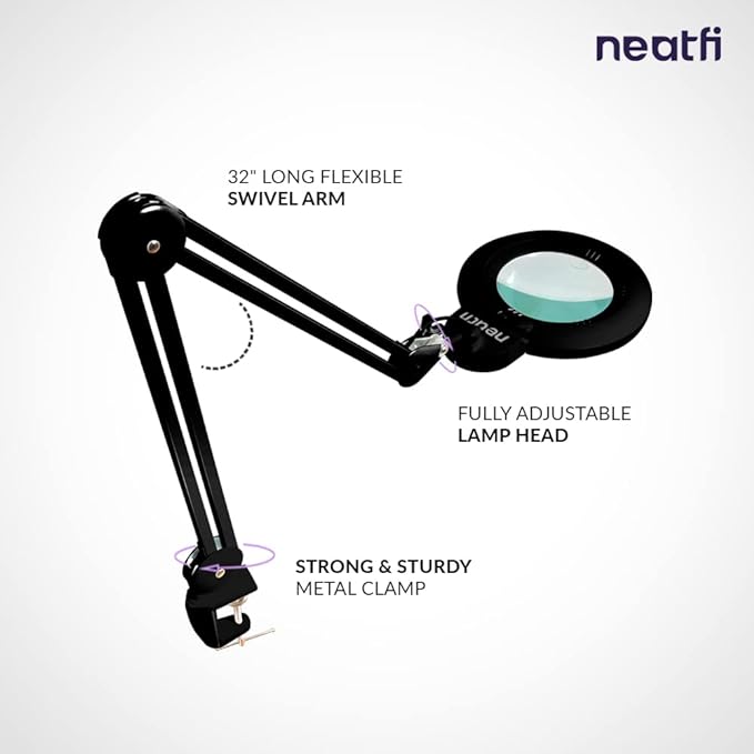 Neatfi XL Bifocals 1,200 Lumens Super LED Magnifying Lamp with Clamp, 3 Light Modes, Correlated Color Temperature Control (3000K-4500K-6000K), 12W, 120 Pcs SMD LED (Black, 6 Inch Lens)