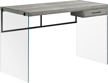 Monarch Specialties Computer Desk - Contemporary Writing Desk with Drawer - Tempered Glass Legs - 48"L (Grey Reclaimed Wood Look)