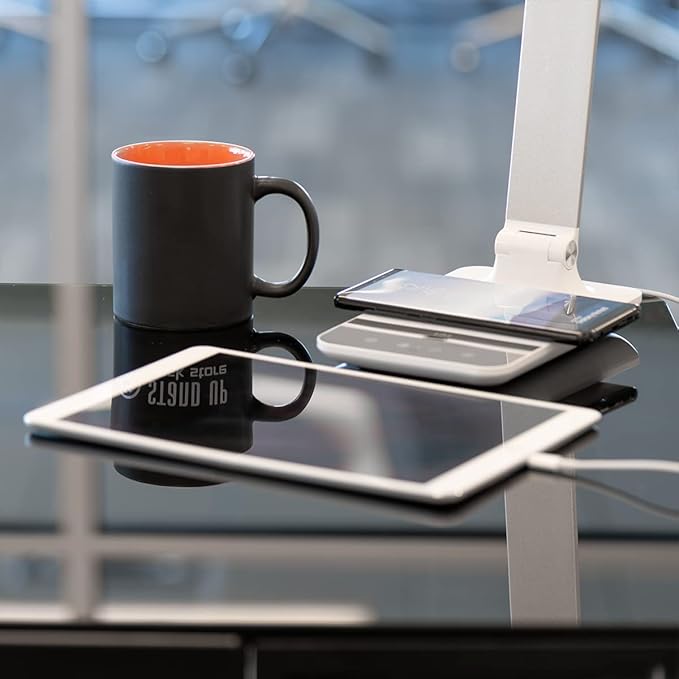 Stand Up Desk Store LED Desk Lamp with Wireless Charging Pad (White Housing, 500 Lumen LED, 10W Qi Wireless Charger, 5V/1A USB Output)