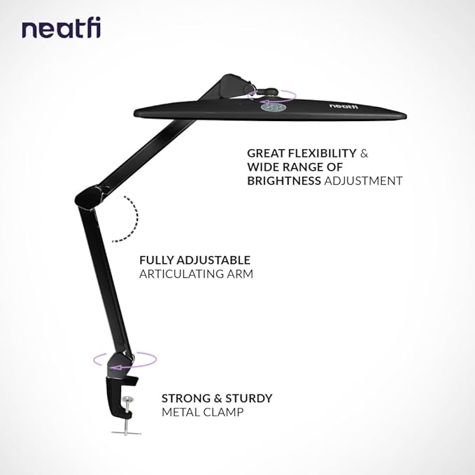 Neatfi Elite HD XL Task Lamp, 3 Adjustable Light Modes, 22 Inches Wide, 2260 Lumens, 84PCS SMD LED, Super Bright Desk Lamp, Non-Polar Dimming (CCT with Clamp, Black, 22 Inches)