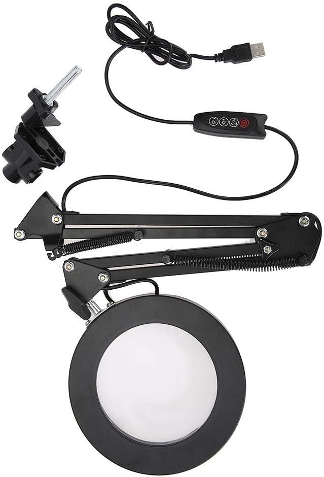 LED Magnifying Lamp with Clamp, 5X Magnifier Glass Light Lens, USB Dimmable Desk lamp for Table Craft or Workbench